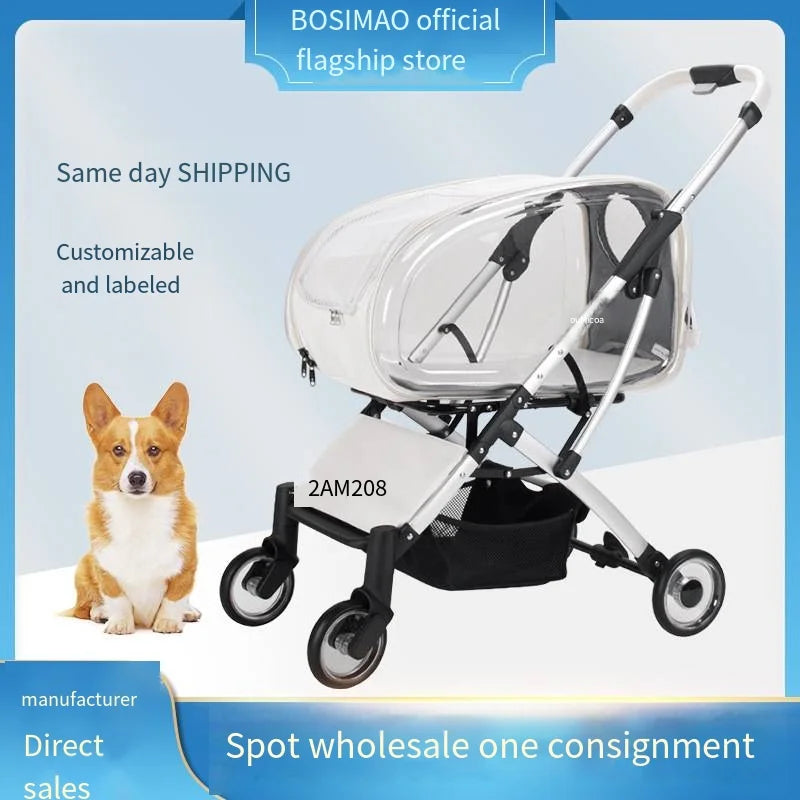 2023 New Transparent Pet Cart Dog and Cat Walking Cart Small Medium Sized Dog Pulled Stroller Lightweight Foldable Detachable
