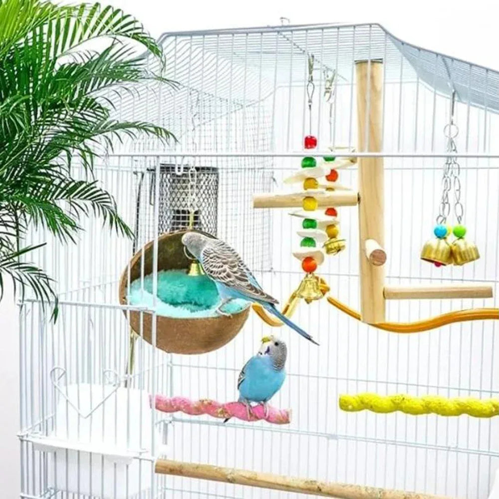 Bird Coconut Shell Nest Hanging Natural Coconut Shell with Cushion Parrot Hammock Swing House Bird Cage Accessories