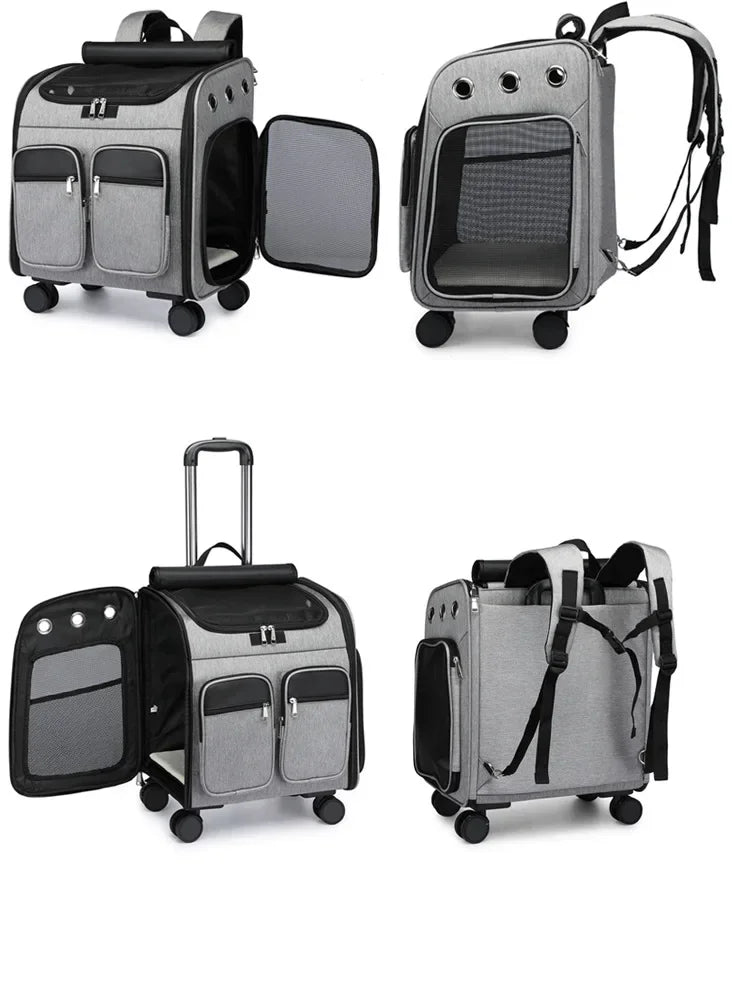 2 In 1 Large Pet Backpack Cat Stroller Pet Carrier with Wheels Portable Foldable Tie-Rod Bag Cat and Dog Travel Carrier Bag