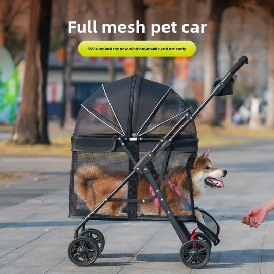 Medium/ Large Dog Stroller Portable Pet Travel Cart with Canopy Foldable Outdoor Puppy Carrier Breathable Comfortable Dog Seat