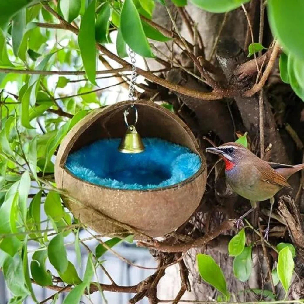 Bird Coconut Shell Nest Hanging Natural Coconut Shell with Cushion Parrot Hammock Swing House Bird Cage Accessories