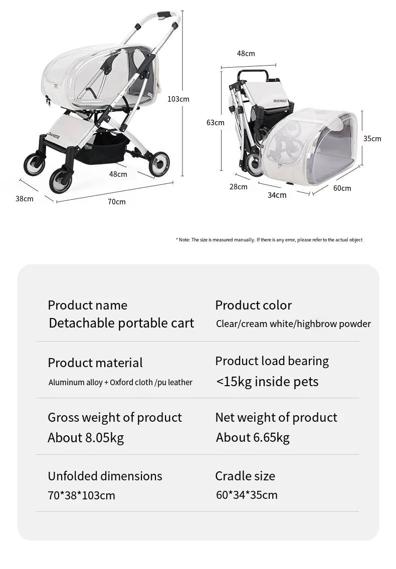 2023 New Transparent Pet Cart Dog and Cat Walking Cart Small Medium Sized Dog Pulled Stroller Lightweight Foldable Detachable