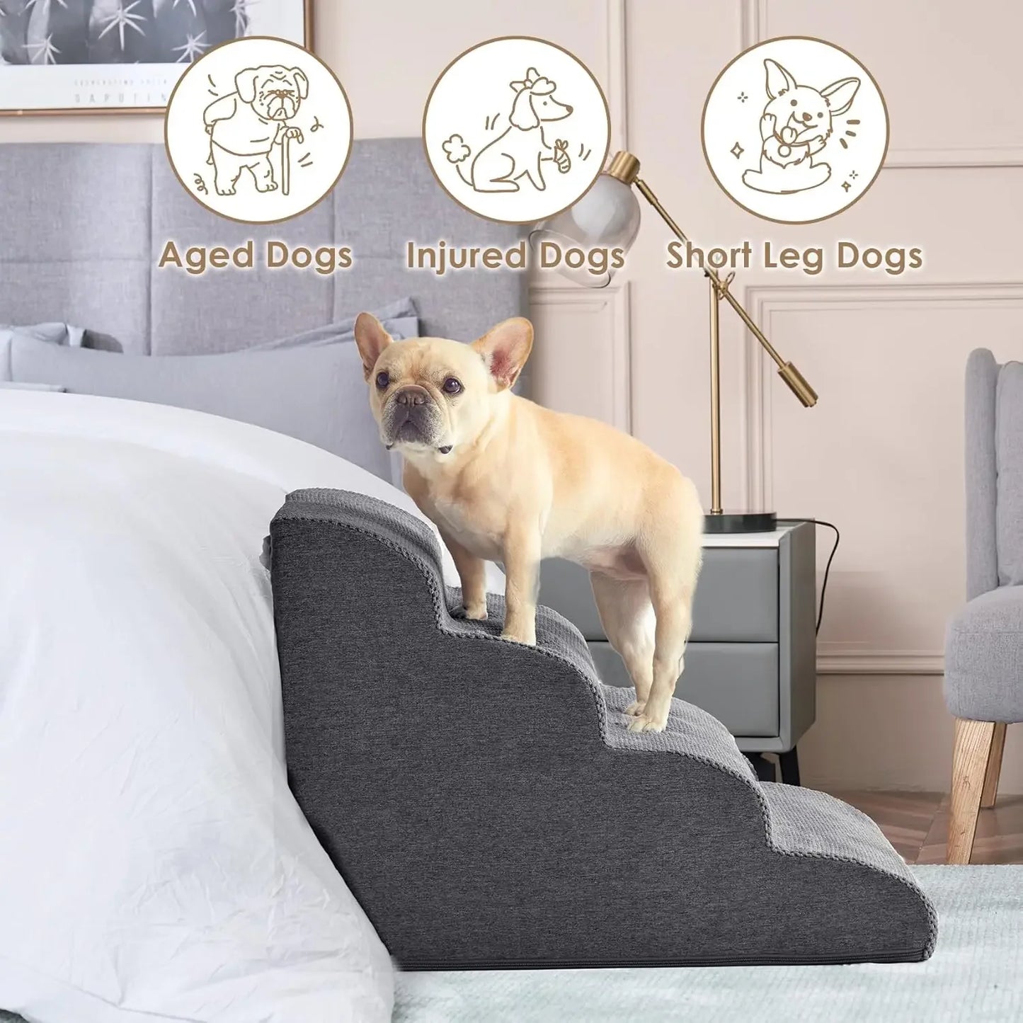 Curved Dog Stairs Ramp for High Beds , Dog Steps for Small Dogs and Cats, Pet Stairs for High Bed Climbing, Non-Slip Balanced