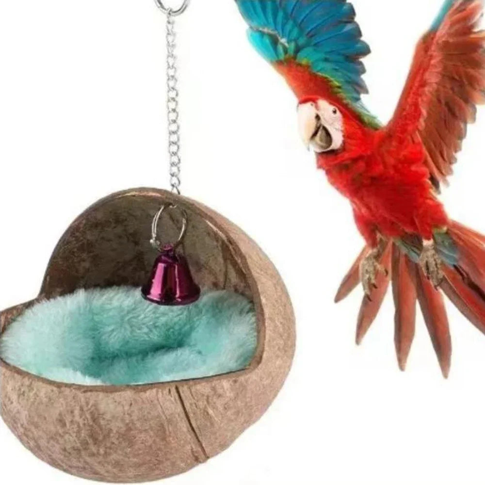 Bird Coconut Shell Nest Hanging Natural Coconut Shell with Cushion Parrot Hammock Swing House Bird Cage Accessories
