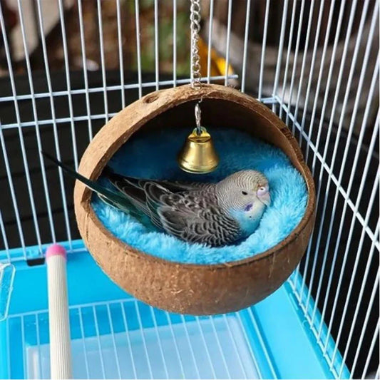 Bird Coconut Shell Nest Hanging Natural Coconut Shell with Cushion Parrot Hammock Swing House Bird Cage Accessories