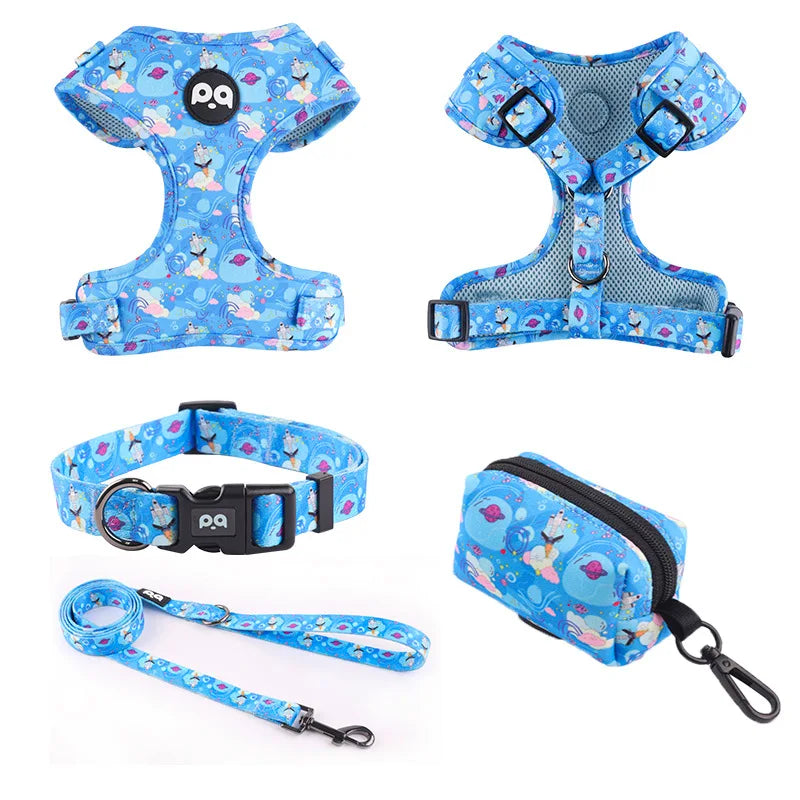 Printed Dog Harness & Leash Set - Adjustable Chest Back Collar for Secure & Stylish Walks