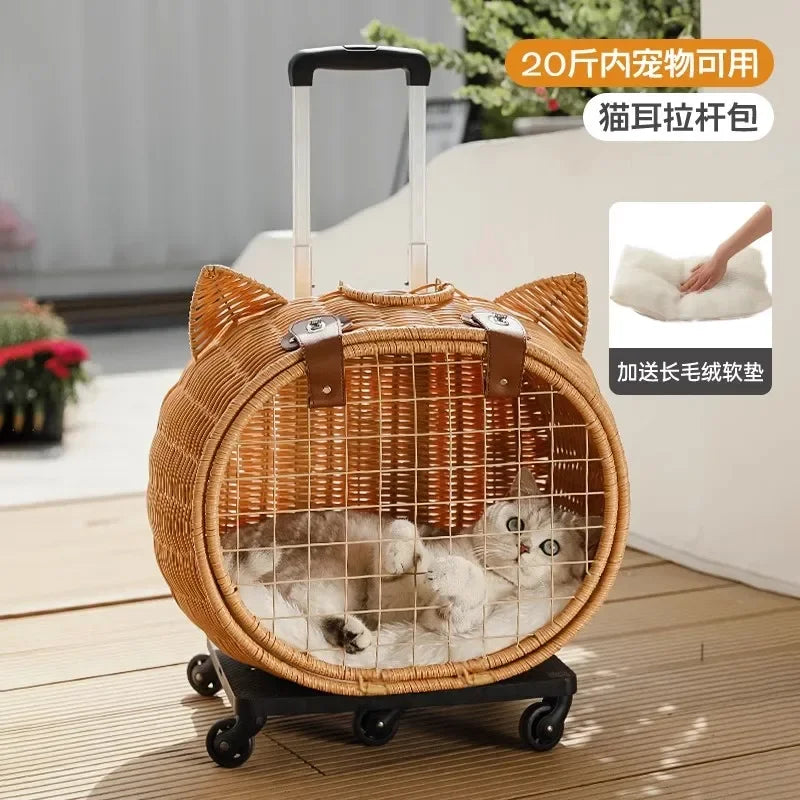 Rattan Cat Stroller Space Capsule Cat Carrier Large Pet Travel Bag for Cats & Dogs  Multi-Cat  Effortless Pet Stroller