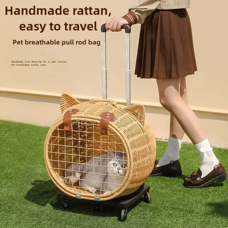 Rattan Cat Stroller Space Capsule Cat Carrier Large Pet Travel Bag for Cats & Dogs  Multi-Cat  Effortless Pet Stroller