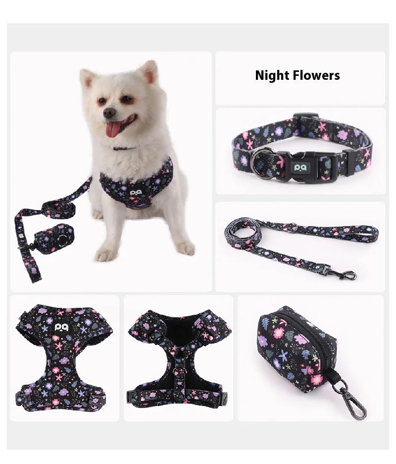 Printed Dog Harness & Leash Set - Adjustable Chest Back Collar for Secure & Stylish Walks