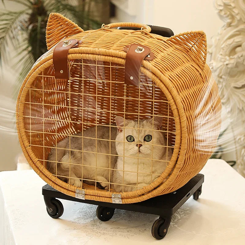 Rattan Cat Stroller Space Capsule Cat Carrier Large Pet Travel Bag for Cats & Dogs  Multi-Cat  Effortless Pet Stroller