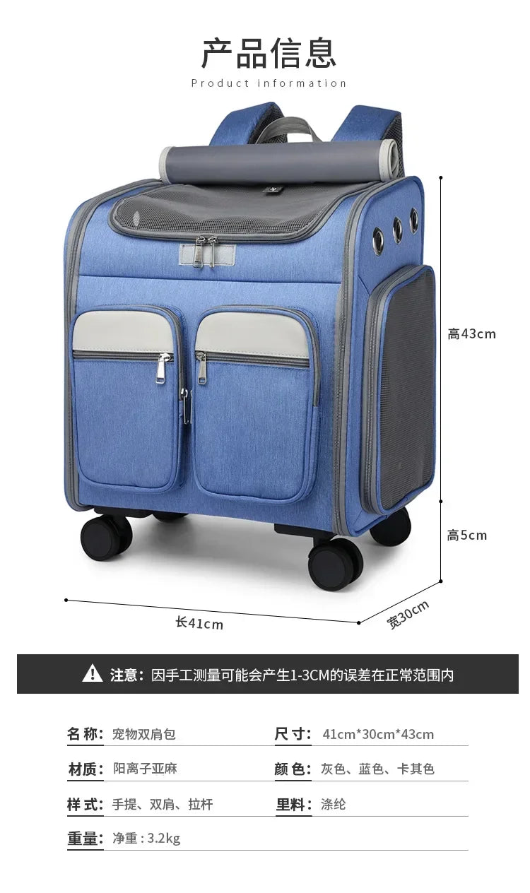 2 In 1 Large Pet Backpack Cat Stroller Pet Carrier with Wheels Portable Foldable Tie-Rod Bag Cat and Dog Travel Carrier Bag