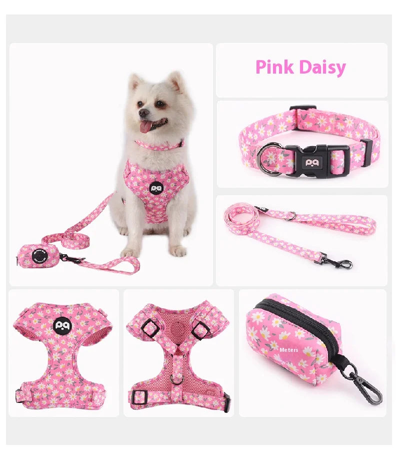 Printed Dog Harness & Leash Set - Adjustable Chest Back Collar for Secure & Stylish Walks