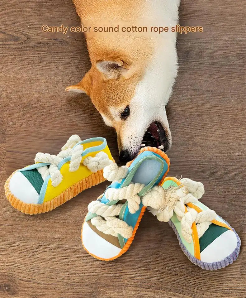 Dog Slippers Shape Squeak Toy Teeth Grinding Bite Resistant Shoes Toy With Cotton Rope Pet Chewing Toys Dog Toys Dog Accessories