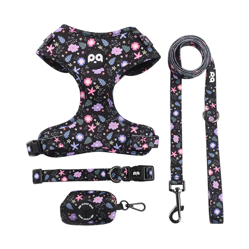 Printed Dog Harness & Leash Set - Adjustable Chest Back Collar for Secure & Stylish Walks