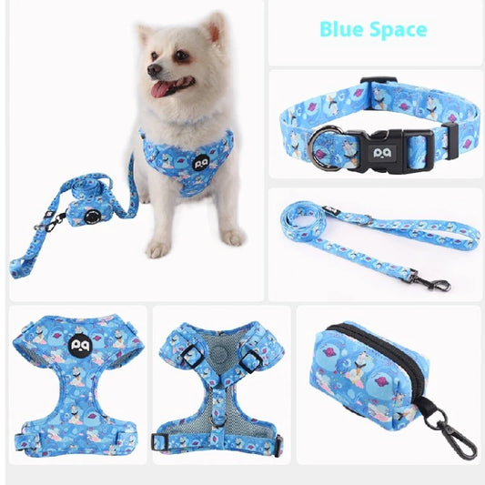 Printed Dog Harness & Leash Set - Adjustable Chest Back Collar for Secure & Stylish Walks