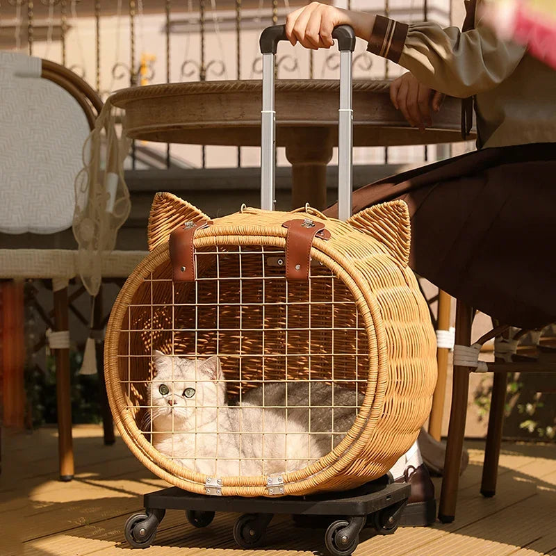 Rattan Cat Stroller Space Capsule Cat Carrier Large Pet Travel Bag for Cats & Dogs  Multi-Cat  Effortless Pet Stroller