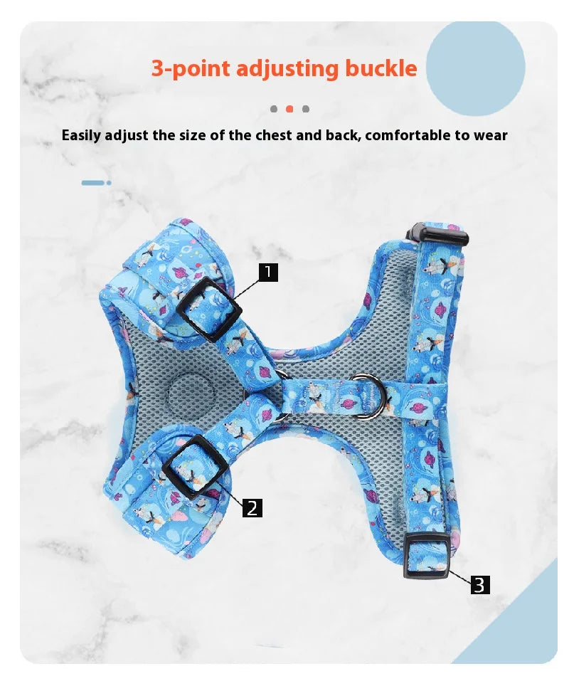 Printed Dog Harness & Leash Set - Adjustable Chest Back Collar for Secure & Stylish Walks