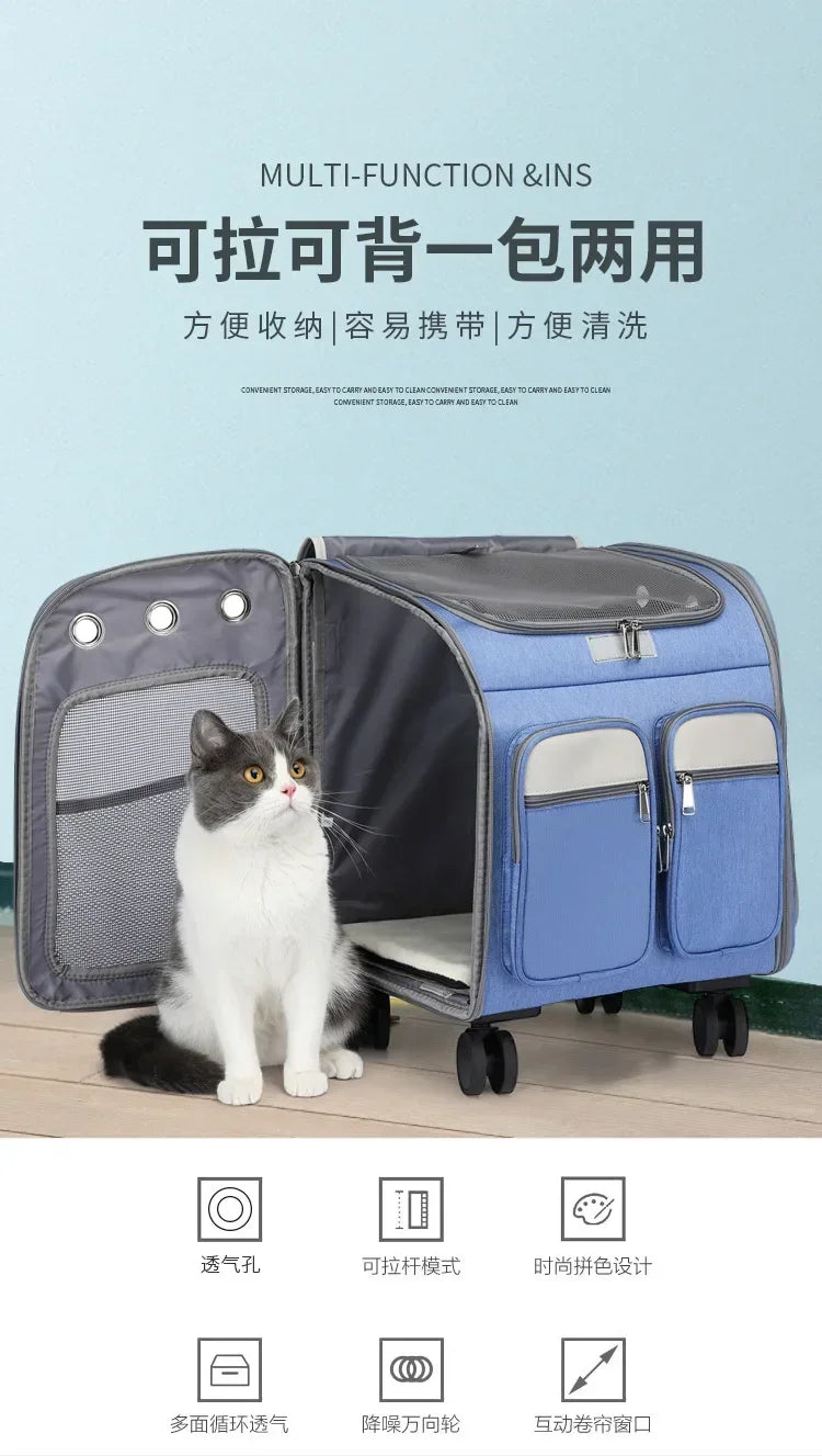 2 In 1 Large Pet Backpack Cat Stroller Pet Carrier with Wheels Portable Foldable Tie-Rod Bag Cat and Dog Travel Carrier Bag