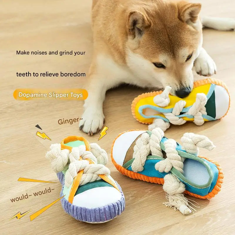 Dog Slippers Shape Squeak Toy Teeth Grinding Bite Resistant Shoes Toy With Cotton Rope Pet Chewing Toys Dog Toys Dog Accessories