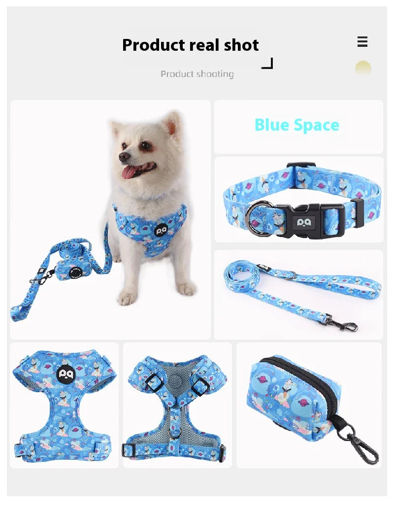 Printed Dog Harness & Leash Set - Adjustable Chest Back Collar for Secure & Stylish Walks