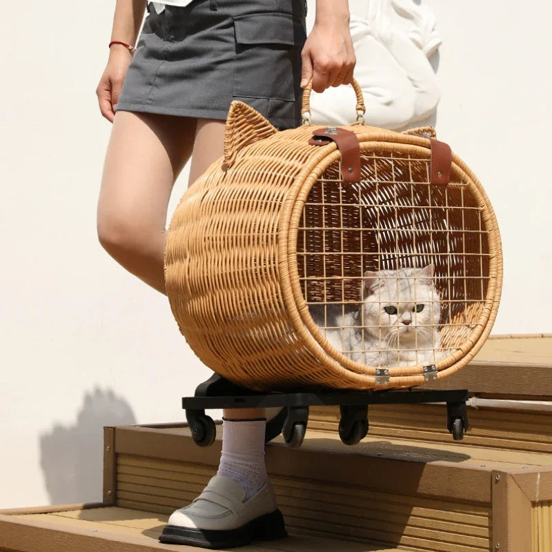 Rattan Cat Stroller Space Capsule Cat Carrier Large Pet Travel Bag for Cats & Dogs  Multi-Cat  Effortless Pet Stroller