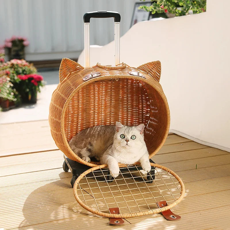 Rattan Cat Stroller Space Capsule Cat Carrier Large Pet Travel Bag for Cats & Dogs  Multi-Cat  Effortless Pet Stroller