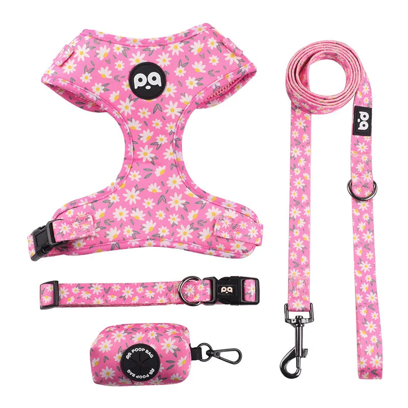 Printed Dog Harness & Leash Set - Adjustable Chest Back Collar for Secure & Stylish Walks